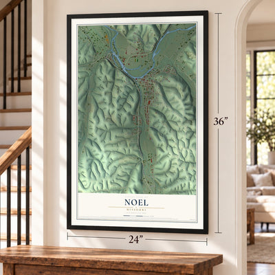 Noel, Missouri map, 24 x 36 inch print in a black frame by a staircase