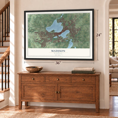 Madison, Wisconsin map, 24 x 36 inch print in a black frame above a dresser by a staircase