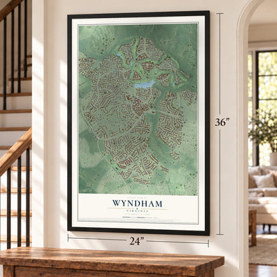 Wyndham, Virginia map, 24 x 36 inch print in a black frame by a staircase