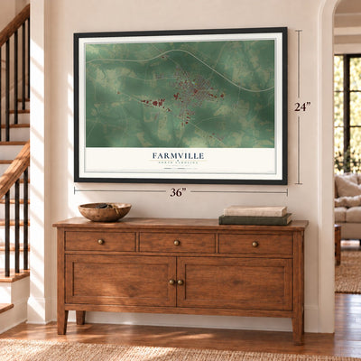 Farmville, North Carolina map, 24 x 36 inch print in a black frame above a dresser by a staircase