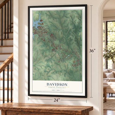 Davidson, North Carolina map, 24 x 36 inch print in a black frame by a staircase