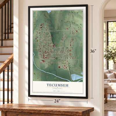 Tecumseh, Nebraska map, 24 x 36 inch print in a black frame by a staircase