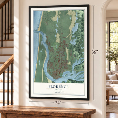 Florence, Oregon map, 24 x 36 inch print in a black frame by a staircase