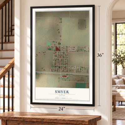 Smyer, Texas map, 24 x 36 inch print in a black frame by a staircase