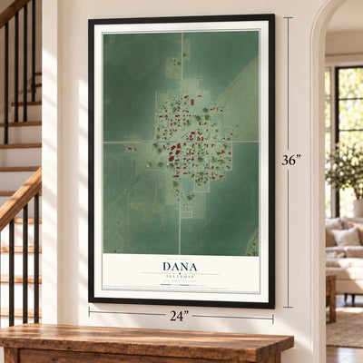 Dana, Illinois map, 24 x 36 inch print in a black frame by a staircase