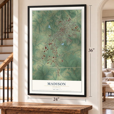 Madison, Georgia map, 24 x 36 inch print in a black frame by a staircase