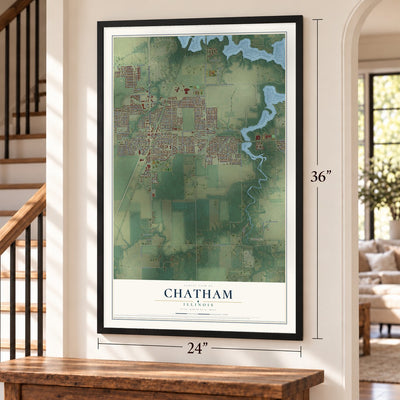 Chatham, Illinois map, 24 x 36 inch print in a black frame by a staircase