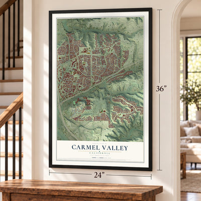 Carmel Valley, California map, 24 x 36 inch print in a black frame by a staircase