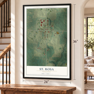 St. Rosa, Minnesota map, 24 x 36 inch print in a black frame by a staircase