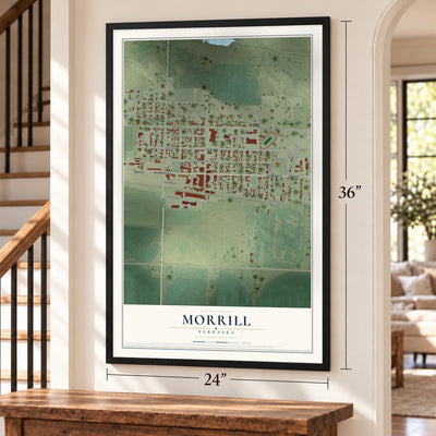 Morrill, Nebraska map, 24 x 36 inch print in a black frame by a staircase