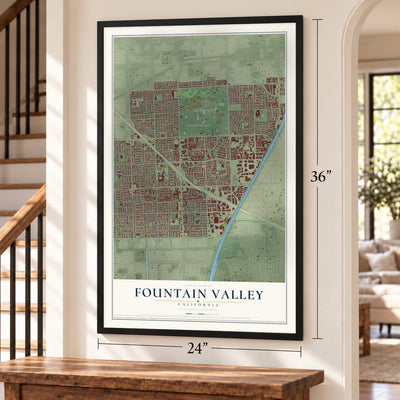 Fountain Valley, California map, 24 x 36 inch print in a black frame by a staircase