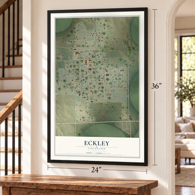Eckley, Colorado map, 24 x 36 inch print in a black frame by a staircase