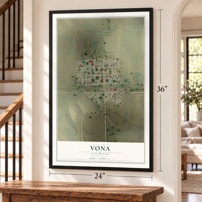 Vona, Colorado map, 24 x 36 inch print in a black frame by a staircase