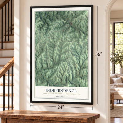 Independence, Washington County, Pennsylvania map, 24 x 36 inch print in a black frame by a staircase