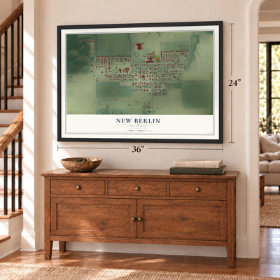 New Berlin, Illinois map, 24 x 36 inch print in a black frame above a dresser by a staircase