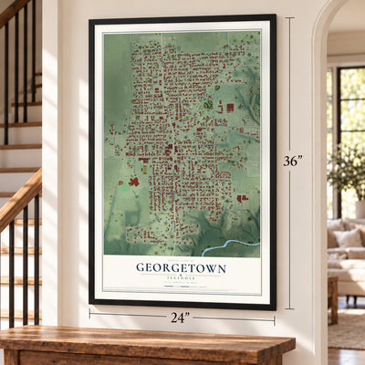 Georgetown, Illinois map, 24 x 36 inch print in a black frame by a staircase