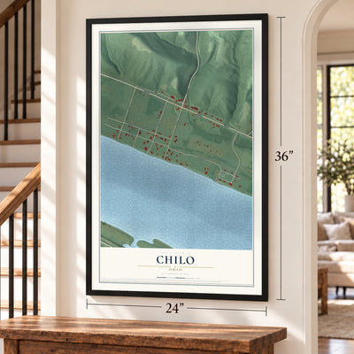 Chilo, Ohio map, 24 x 36 inch print in a black frame by a staircase
