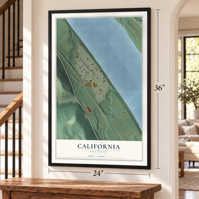 California, Kentucky map, 24 x 36 inch print in a black frame by a staircase
