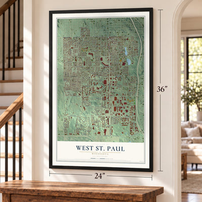 West St. Paul, Minnesota map, 24 x 36 inch print in a black frame by a staircase