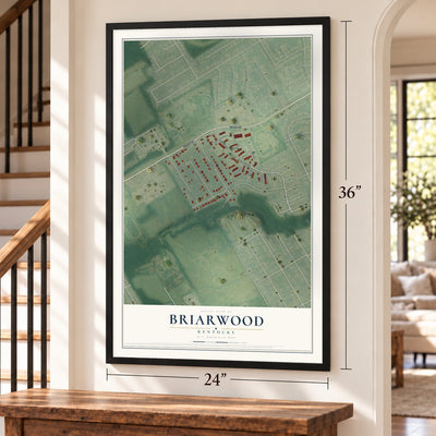 Briarwood, Kentucky map, 24 x 36 inch print in a black frame by a staircase