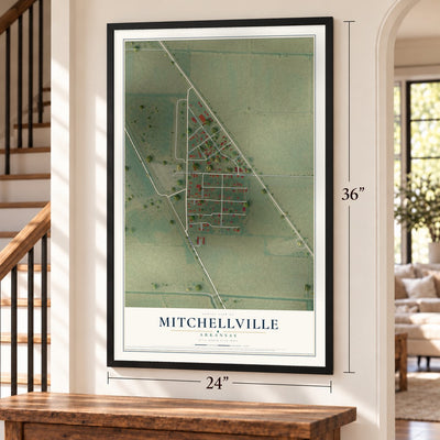 Mitchellville, Arkansas map, 24 x 36 inch print in a black frame by a staircase