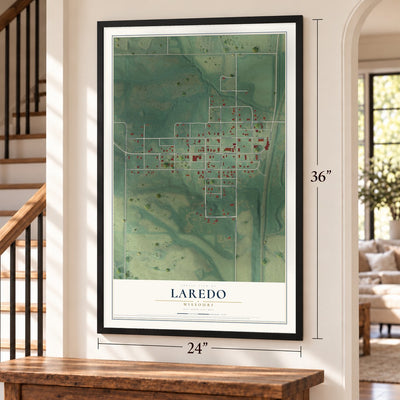 Laredo, Missouri map, 24 x 36 inch print in a black frame by a staircase