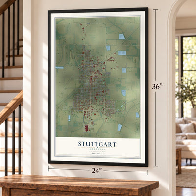 Stuttgart, Arkansas map, 24 x 36 inch print in a black frame by a staircase