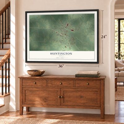 Huntington, Texas map, 24 x 36 inch print in a black frame above a dresser by a staircase