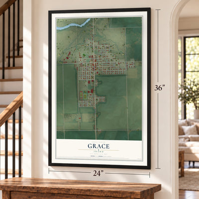 Grace, Idaho map, 24 x 36 inch print in a black frame by a staircase
