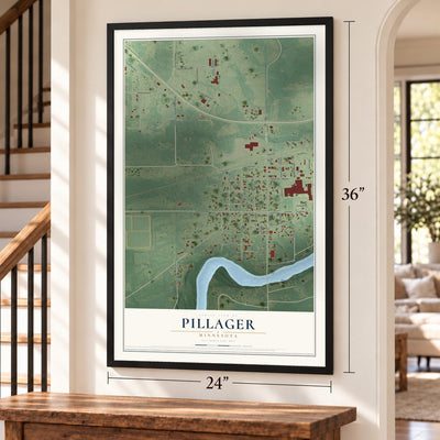 Pillager, Minnesota map, 24 x 36 inch print in a black frame by a staircase