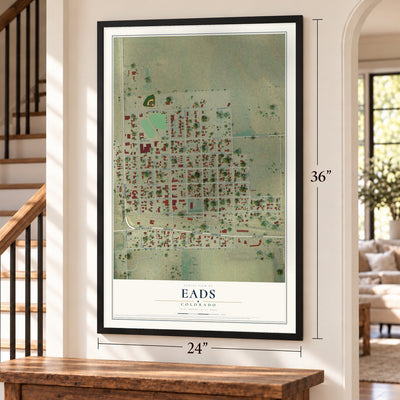 Eads, Colorado map, 24 x 36 inch print in a black frame by a staircase