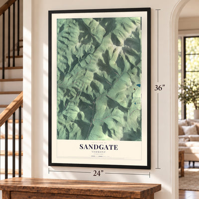 Sandgate, Vermont map, 24 x 36 inch print in a black frame by a staircase