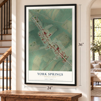 York Springs, Pennsylvania map, 24 x 36 inch print in a black frame by a staircase
