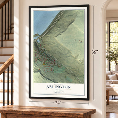 Arlington, Oregon map, 24 x 36 inch print in a black frame by a staircase