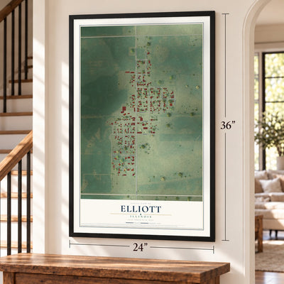 Elliott, Illinois map, 24 x 36 inch print in a black frame by a staircase