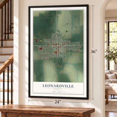 Leonardville, Kansas map, 24 x 36 inch print in a black frame by a staircase