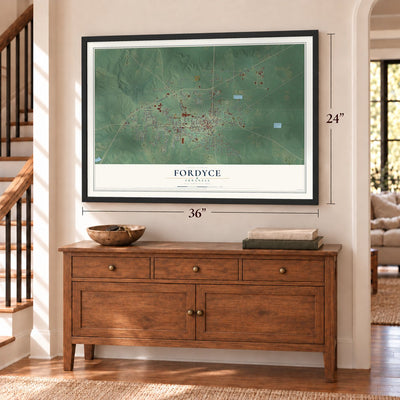 Fordyce, Arkansas map, 24 x 36 inch print in a black frame above a dresser by a staircase