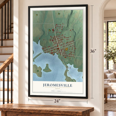 Jeromesville, Ohio map, 24 x 36 inch print in a black frame by a staircase