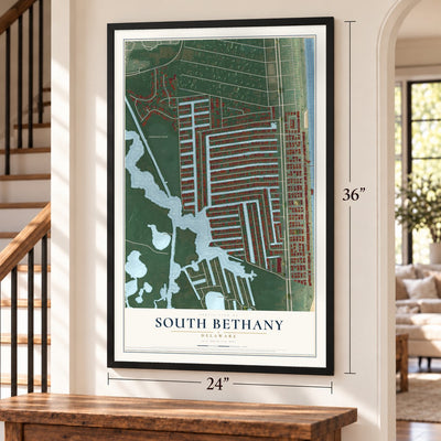 South Bethany, Delaware map, 24 x 36 inch print in a black frame by a staircase