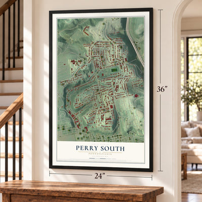 Perry South, Pennsylvania map, 24 x 36 inch print in a black frame by a staircase