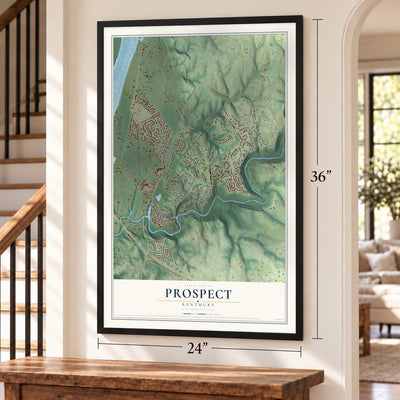 Prospect, Kentucky map, 24 x 36 inch print in a black frame by a staircase