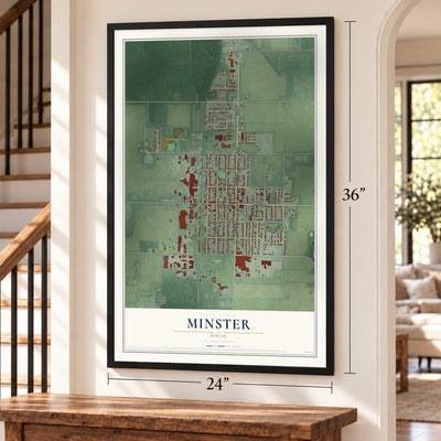 Minster, Ohio map, 24 x 36 inch print in a black frame by a staircase
