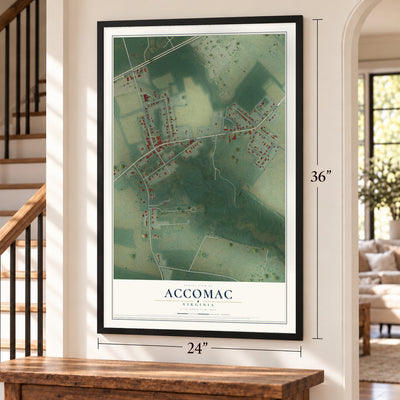 Accomac, Virginia map, 24 x 36 inch print in a black frame by a staircase
