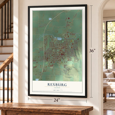 Rexburg, Idaho map, 24 x 36 inch print in a black frame by a staircase