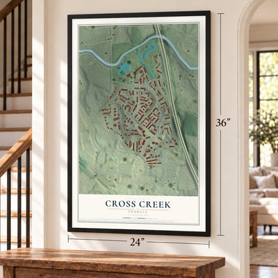 Cross Creek, Georgia map, 24 x 36 inch print in a black frame by a staircase