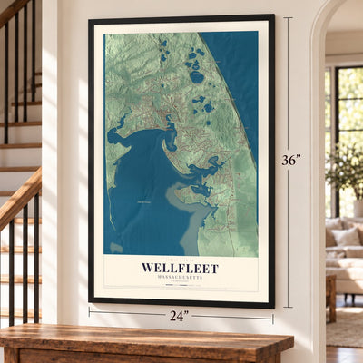 Wellfleet, Massachusetts map, 24 x 36 inch print in a black frame by a staircase