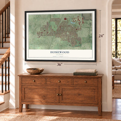 Homewood, Illinois map, 24 x 36 inch print in a black frame above a dresser by a staircase