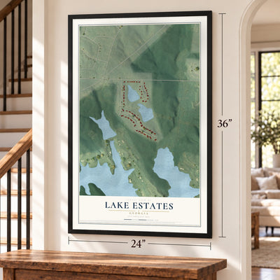 Lake Estates, Georgia map, 24 x 36 inch print in a black frame by a staircase