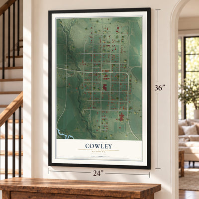 Cowley, Wyoming map, 24 x 36 inch print in a black frame by a staircase