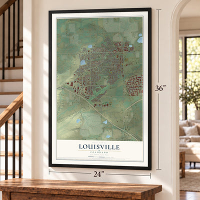 Louisville, Colorado map, 24 x 36 inch print in a black frame by a staircase